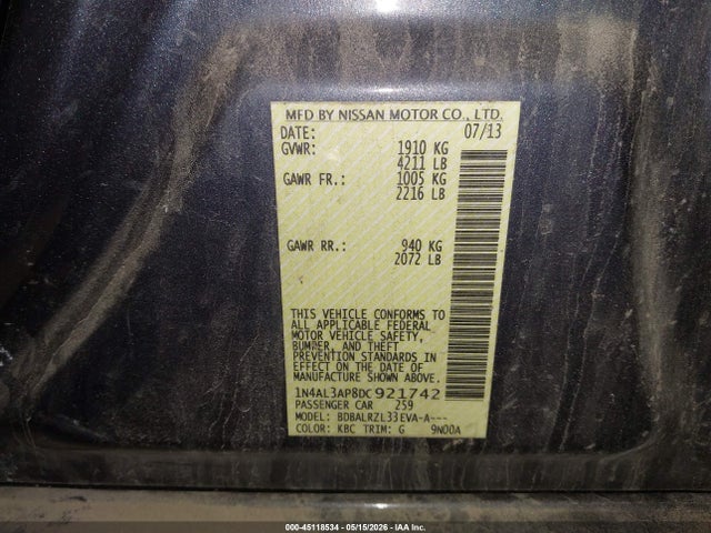Aukcja sprzedaży 2013 Nissan Altima 2.5 S, vin: 1N4AL3AP8DC921742, numer aukcji: 45118534