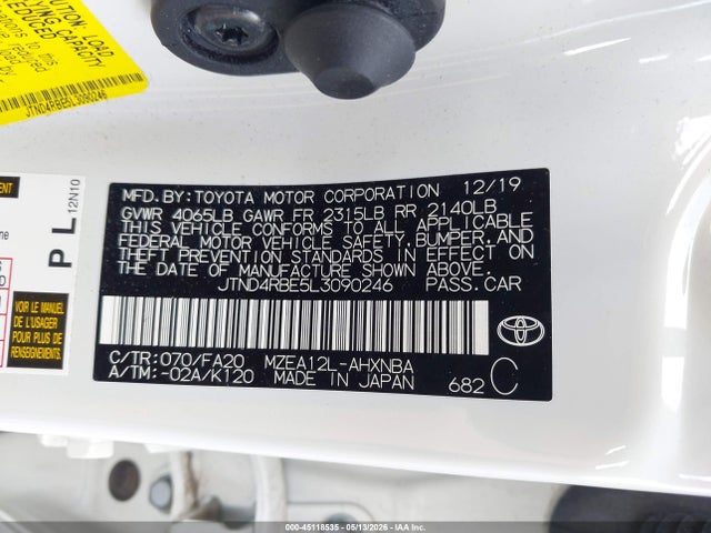 45118535 :رقم المزاد ، JTND4RBE5L3090246 vin ، 2020 Toyota Corolla Se مزاد بيع