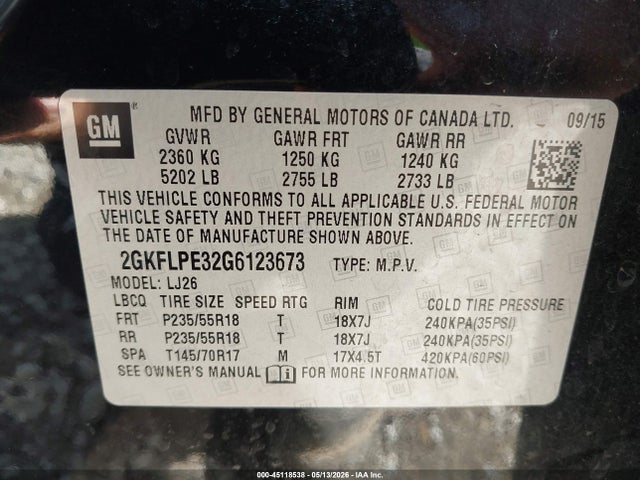 2016 Gmc Terrain Slt მანქანა იყიდება აუქციონზე, vin: 2GKFLPE32G6123673, აუქციონის ნომერი: 45118538