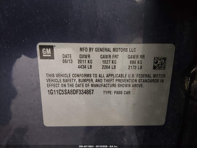 45118541 :رقم المزاد ، 1G11C5SA8DF334867 vin ، 2013 Chevrolet Malibu 1lt مزاد بيع