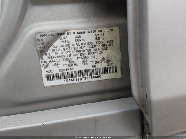 Aukcja sprzedaży 2003 Nissan Altima 2.5 S, vin: 1N4AL11D73C186650, numer aukcji: 45118542