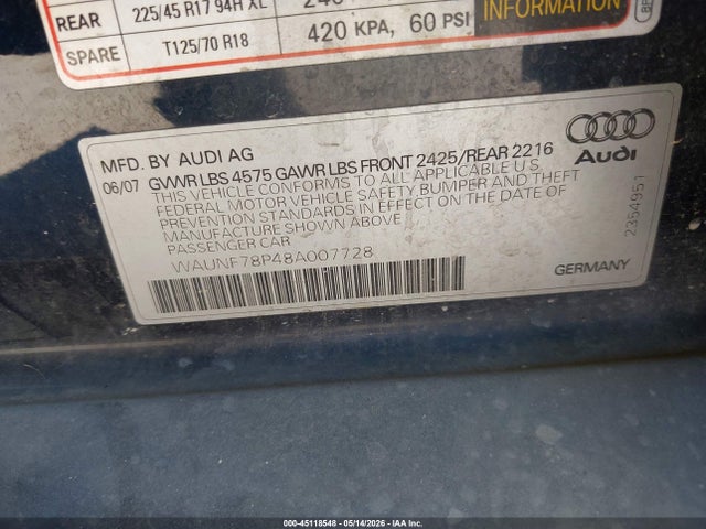 2008 Audi A3 2.0t მანქანა იყიდება აუქციონზე, vin: WAUNF78P48A007728, აუქციონის ნომერი: 45118548