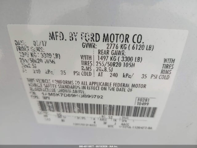 45118577 :رقم المزاد ، 1FM5K7D89HGB90792 vin ، 2017 Ford Explorer Xlt مزاد بيع