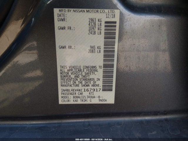1N4BL4EV4KC167917 Nissan Altima 2.5 Sl