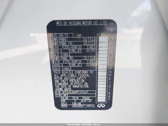 45118604 :رقم المزاد ، 3PCAJ5JR6PF101647 vin ، 2023 Infiniti Qx55 Luxe Awd مزاد بيع