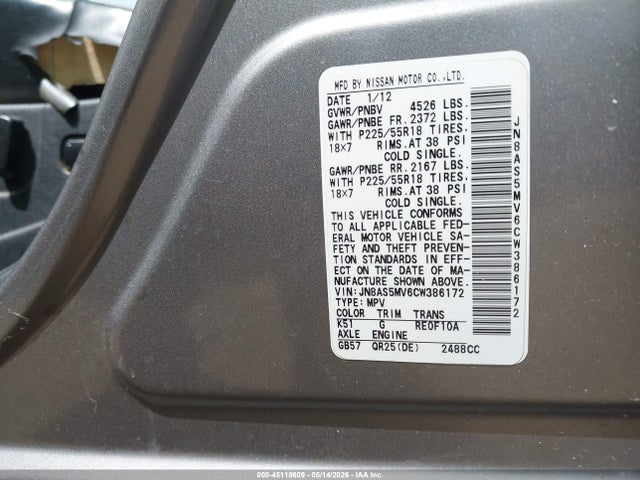 Продаж на аукціоні авто 2012 Nissan Rogue Sv W/sl Pkg, vin: JN8AS5MV6CW386172, номер лоту: 45118609