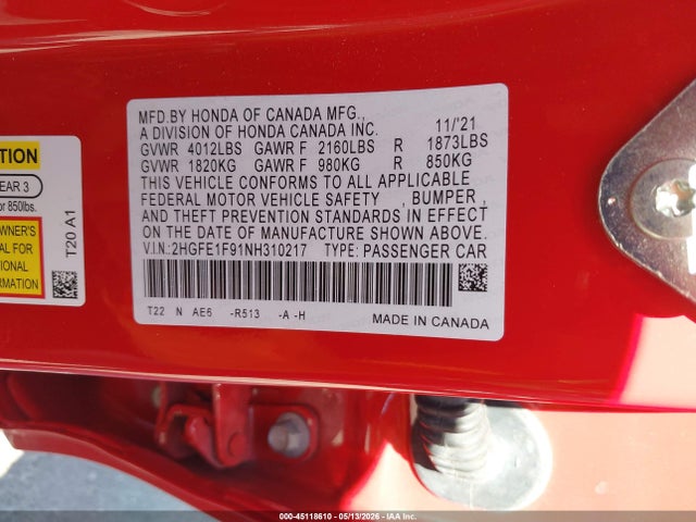 2HGFE1F91NH310217 Honda Civic Touring
