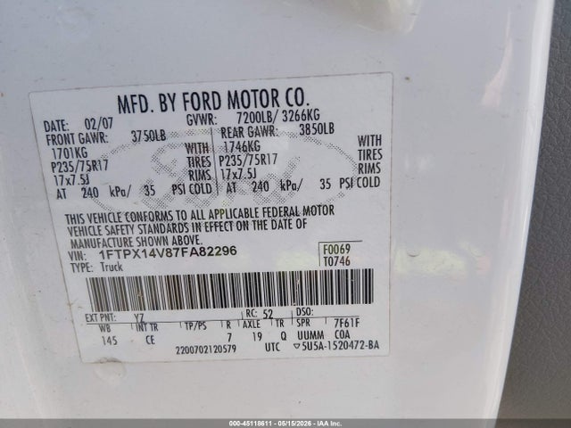 Aukcja sprzedaży 2007 Ford F-150 Fx4/lariat/xl/xlt, vin: 1FTPX14V87FA82296, numer aukcji: 45118611