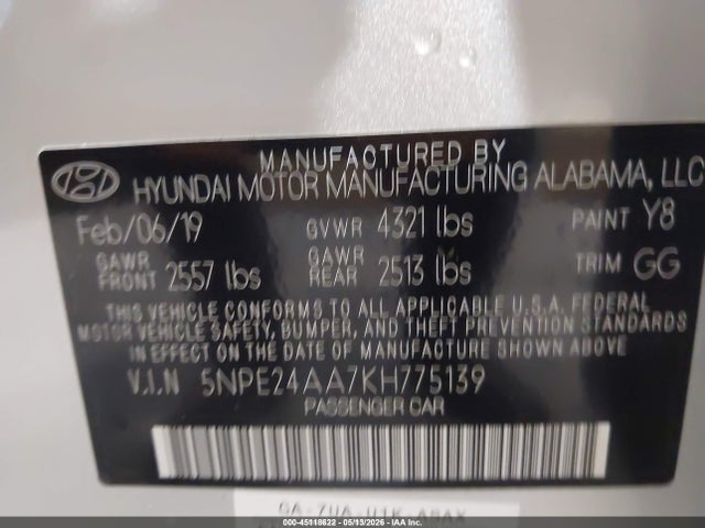 Продажа на аукционе авто 2019 Hyundai Sonata Eco, vin: 5NPE24AA7KH775139, номер лота: 45118622