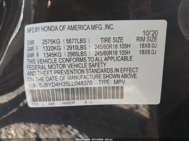 45118636 :رقم المزاد ، 5J8YD4H35LL048370 vin ، 2020 Acura Mdx Standard مزاد بيع