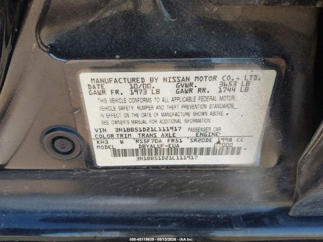 2001 Nissan Sentra Se მანქანა იყიდება აუქციონზე, vin: 3N1BB51D21L111917, აუქციონის ნომერი: 45118639