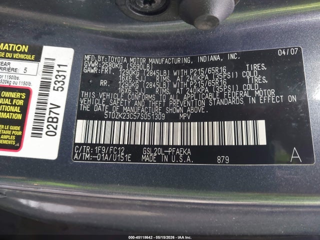 Продажа на аукционе авто 2007 Toyota Sienna Le, vin: 5TDZK23C57S051309, номер лота: 45118642