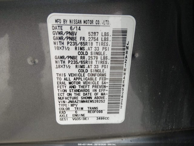 45118646 :رقم المزاد ، JN8AZ1MW4EW526252 vin ، 2014 Nissan Murano Sl مزاد بيع