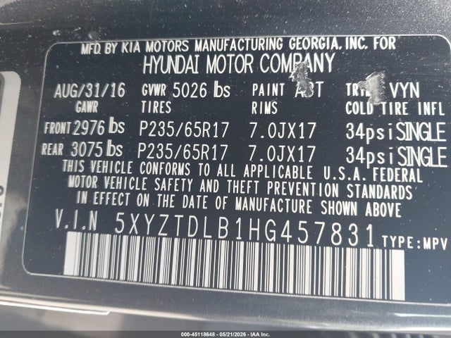 2017 Hyundai Santa Fe Sport 2.4l მანქანა იყიდება აუქციონზე, vin: 5XYZTDLB1HG457831, აუქციონის ნომერი: 45118648