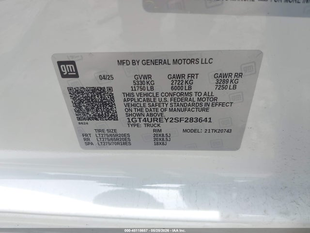 Aukcja sprzedaży 2025 Gmc Sierra 2500hd 4wd  Standard Bed Denali, vin: 1GT4UREY2SF283641, numer aukcji: 45118657