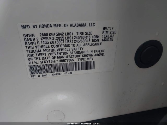 Aukcja sprzedaży 2017 Honda Pilot Ex-l, vin: 5FNYF6H71HB077365, numer aukcji: 45118658