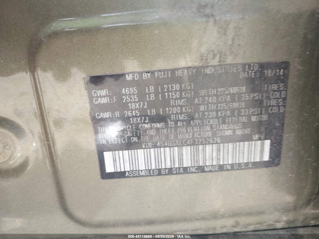 4S4BSALC4F3252626 Subaru Outback 2.5i Limited