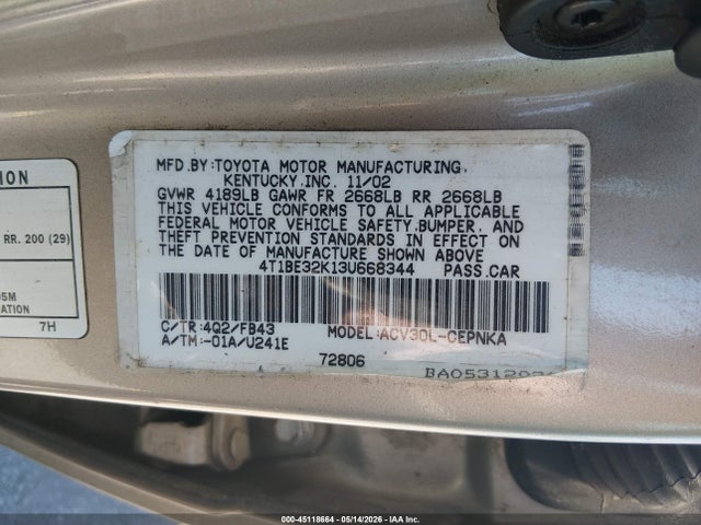 45118664 :رقم المزاد ، 4T1BE32K13U668344 vin ، 2003 Toyota Camry Le مزاد بيع