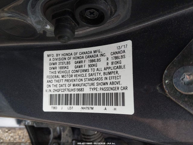 Aukcja sprzedaży 2018 Honda Civic Ex, vin: 2HGFC2F76JH519683, numer aukcji: 45118665