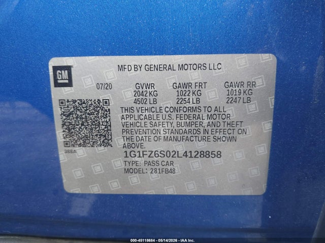 45118684 :رقم المزاد ، 1G1FZ6S02L4128858 vin ، 2020 Chevrolet Bolt Ev Fwd Premier مزاد بيع