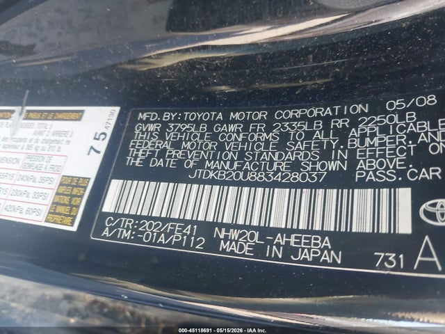 45118691 :رقم المزاد ، JTDKB20U883428037 vin ، 2008 Toyota Prius مزاد بيع