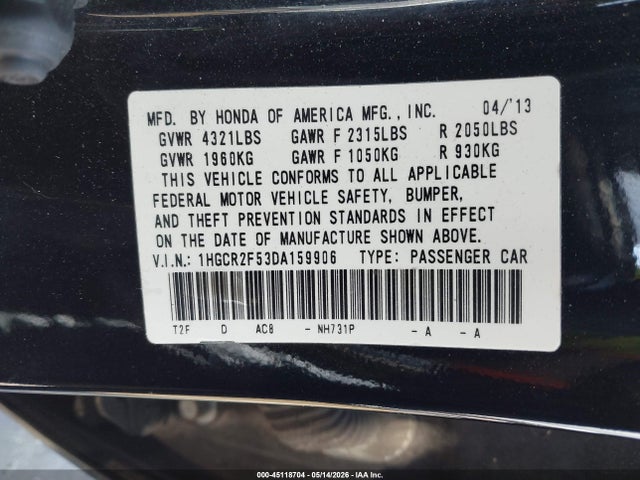 Auction sale of the 2013 Honda Accord Sport, vin: 1HGCR2F53DA159906, lot number: 45118704