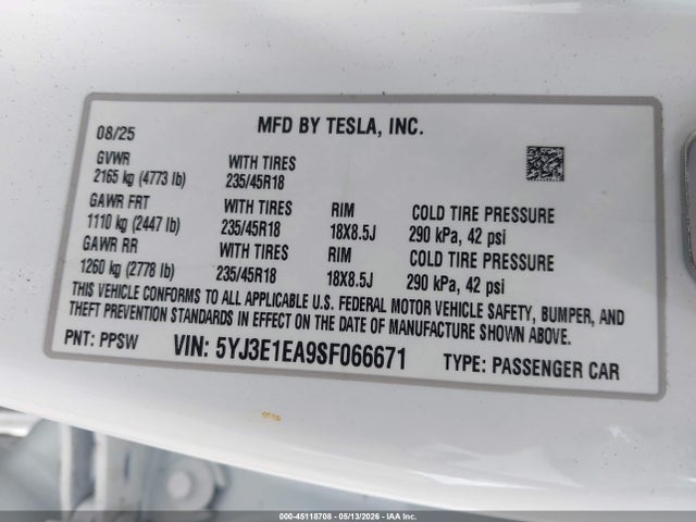 45118708 :رقم المزاد ، 5YJ3E1EA9SF066671 vin ، 2025 Tesla Model 3 Long Range Rear-wheel Drive/standard Rear-wheel Drive مزاد بيع