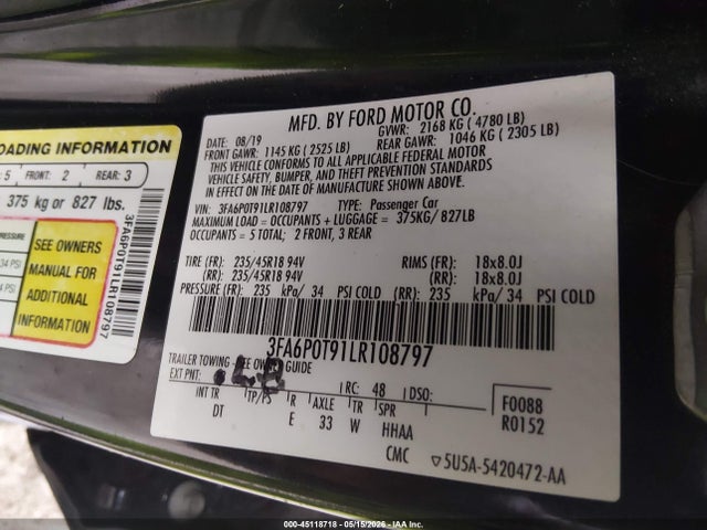 45118718 :رقم المزاد ، 3FA6P0T91LR108797 vin ، 2020 Ford Fusion Se مزاد بيع