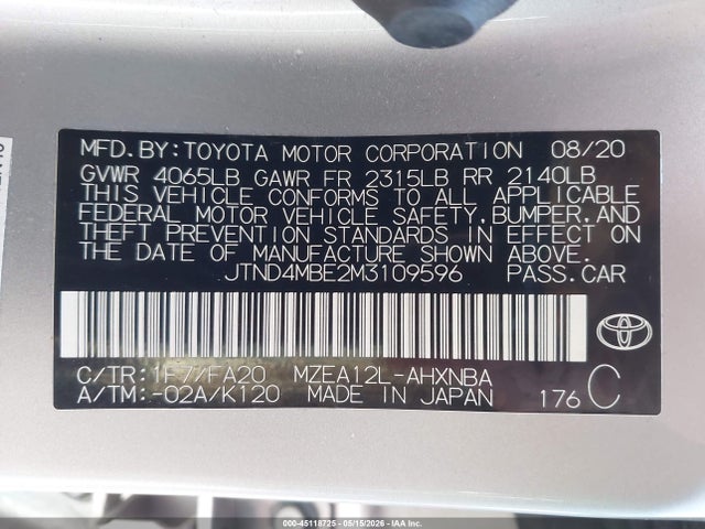 Aukcja sprzedaży 2021 Toyota Corolla Se, vin: JTND4MBE2M3109596, numer aukcji: 45118725
