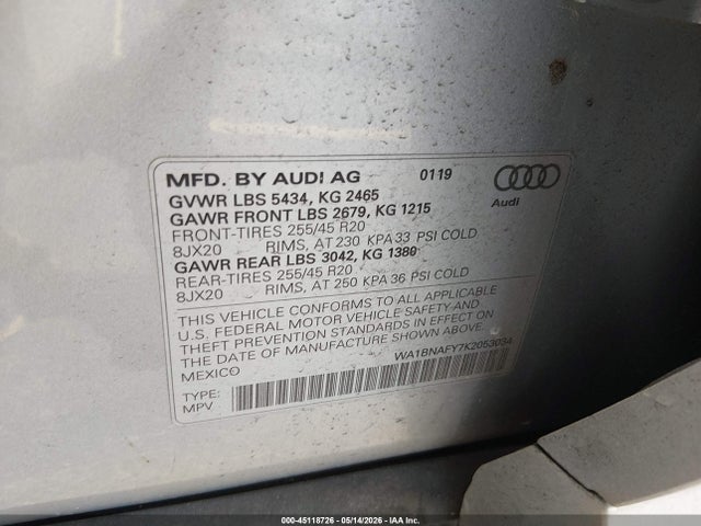 Aukcja sprzedaży 2019 Audi Q5 45 Premium, vin: WA1BNAFY7K2053034, numer aukcji: 45118726