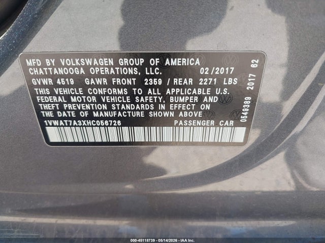 Продажа на аукционе авто 2017 Volkswagen Passat 1.8t S, vin: 1VWAT7A3XHC056726, номер лота: 45118739