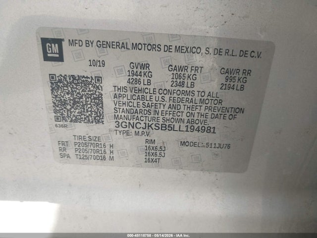 45118758 :رقم المزاد ، 3GNCJKSB5LL194981 vin ، 2020 Chevrolet Trax Fwd Ls مزاد بيع