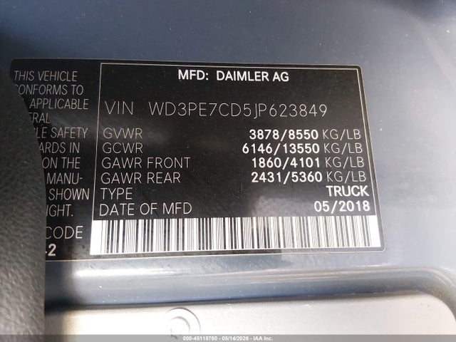Продажа на аукционе авто 2018 Mercedes-benz Sprinter 2500 Standard Roof V6, vin: WD3PE7CD5JP623849, номер лота: 45118760
