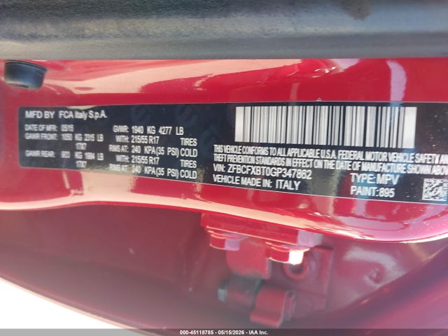 45118785 :رقم المزاد ، ZFBCFXBT0GP347862 vin ، 2016 Fiat 500x Easy مزاد بيع