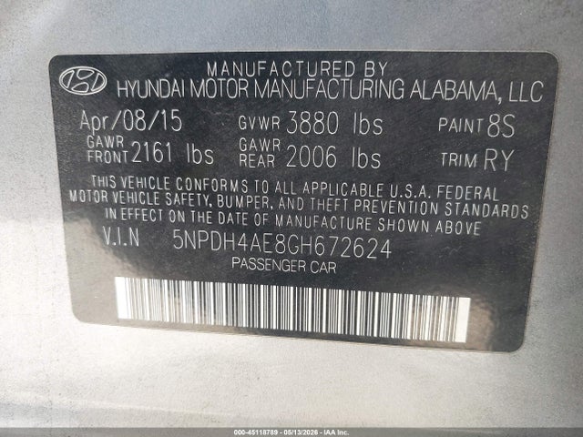 5NPDH4AE8GH672624 Hyundai Elantra Value Edition