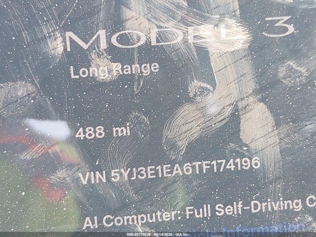 Продаж на аукціоні авто 2026 Tesla Model 3 Premium Rear-wheel Drive/rear-wheel Drive, vin: 5YJ3E1EA6TF174196, номер лоту: 45118825