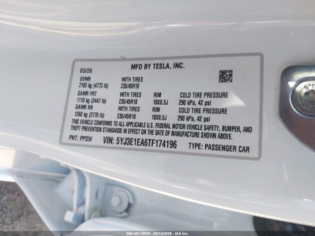 Продаж на аукціоні авто 2026 Tesla Model 3 Premium Rear-wheel Drive/rear-wheel Drive, vin: 5YJ3E1EA6TF174196, номер лоту: 45118825