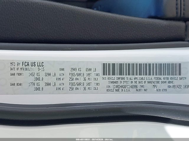 Продаж на аукціоні авто 2015 Dodge Durango Sxt, vin: 1C4RDHAG6FC146996, номер лоту: 45118831