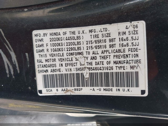 2006 Honda Cr-v Lx მანქანა იყიდება აუქციონზე, vin: SHSRD78546U431626, აუქციონის ნომერი: 45118833