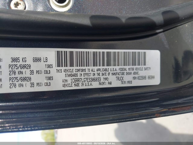 45118853 :رقم المزاد ، 1C6RR7LG7ES306033 vin ، 2014 Ram 1500 Big Horn مزاد بيع