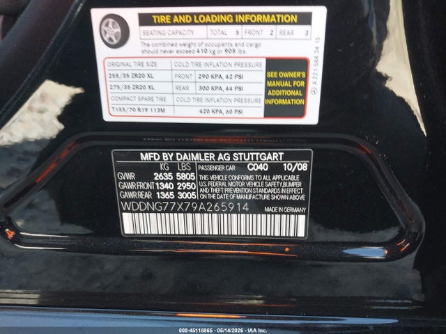 45118865 :رقم المزاد ، WDDNG77X79A265914 vin ، 2009 Mercedes-benz S 63 Amg مزاد بيع