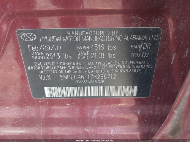 Aukcja sprzedaży 2007 Hyundai Sonata Limited/se V6, vin: 5NPEU46F17H286712, numer aukcji: 45118871