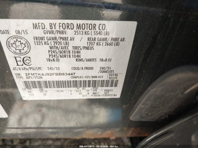 Продажа на аукционе авто 2015 Ford Edge Sel, vin: 2FMTK4J92FBB83447, номер лота: 45118872