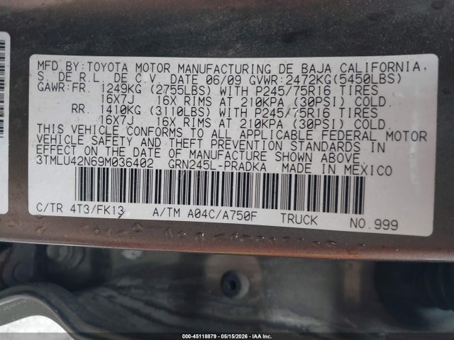 Продажа на аукционе авто 2009 Toyota Tacoma Base V6, vin: 3TMLU42N69M036402, номер лота: 45118879
