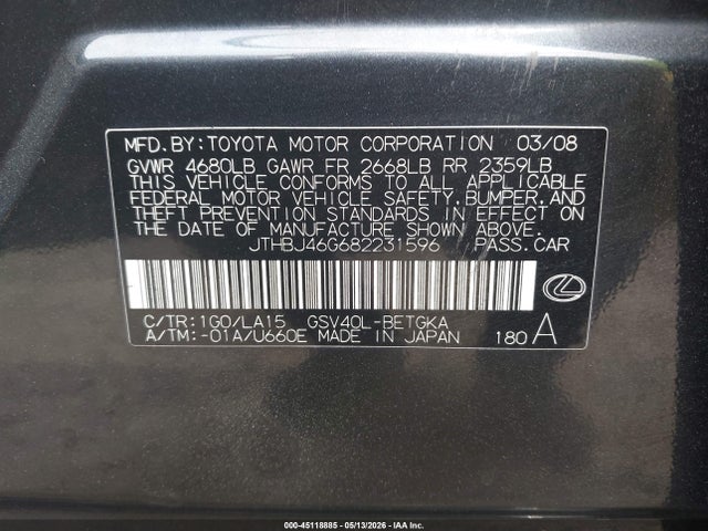Aukcja sprzedaży 2008 Lexus Es 350, vin: JTHBJ46G682231596, numer aukcji: 45118885