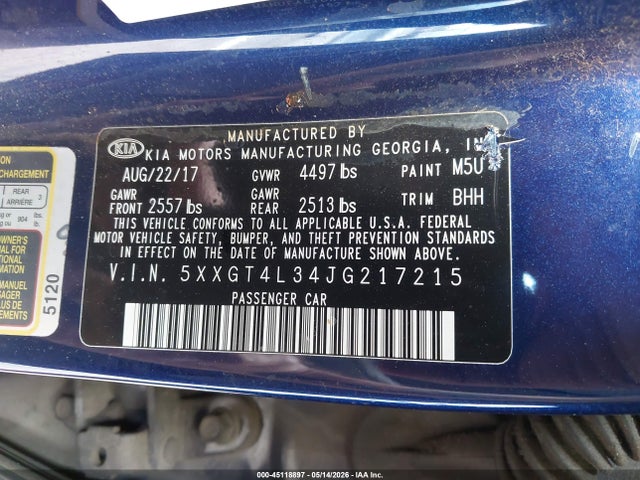 Aukcja sprzedaży 2018 Kia Optima Lx, vin: 5XXGT4L34JG217215, numer aukcji: 45118897