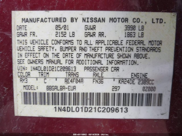 Продаж на аукціоні авто 2001 Nissan Altima Gxe, vin: 1N4DL01D21C209613, номер лоту: 45118902