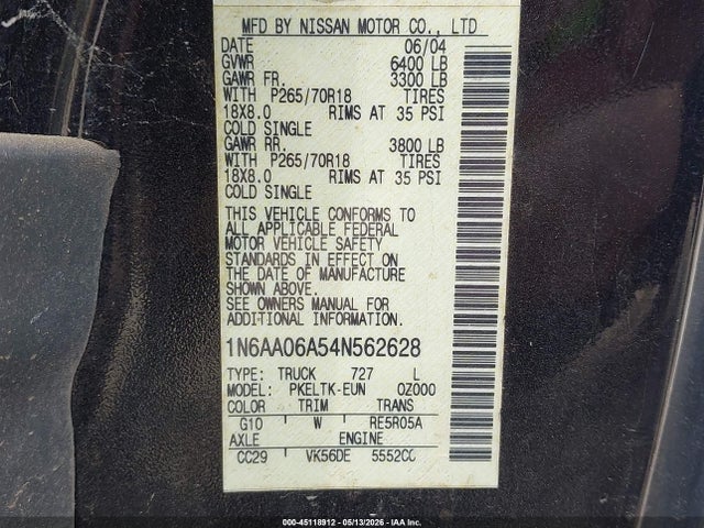 Aukcja sprzedaży 2004 Nissan Titan Se, vin: 1N6AA06A54N562628, numer aukcji: 45118912