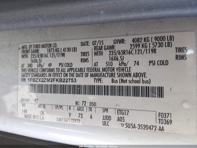 45118921 :رقم المزاد ، 1FBZX2ZM2FKB22753 vin ، 2015 Ford Transit-350 Xlt مزاد بيع