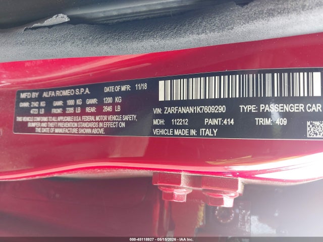 Продажа на аукционе авто 2019 Alfa Romeo Giulia Awd, vin: ZARFANAN1K7609290, номер лота: 45118927